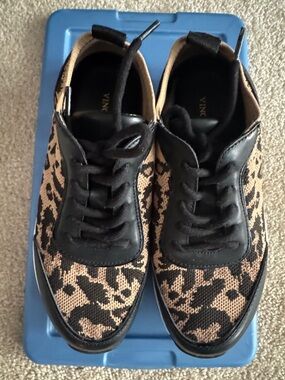 Vince Camuto Black and Tan Leopard Knit Athletic Sneakers
